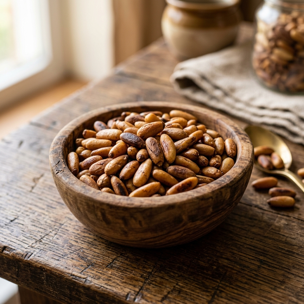 Roasted Chilgoza Pine Nuts in wooden bowl